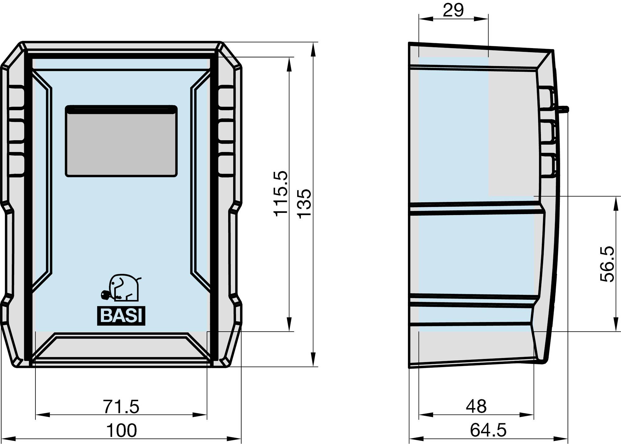 Rysunek techniczny prostokątnego urządzenia z logo BASI. Widok z przodu i z boku z wymiarami: 115,5 mm wysokości, 71,5 mm szerokości, 29 mm głębokości.