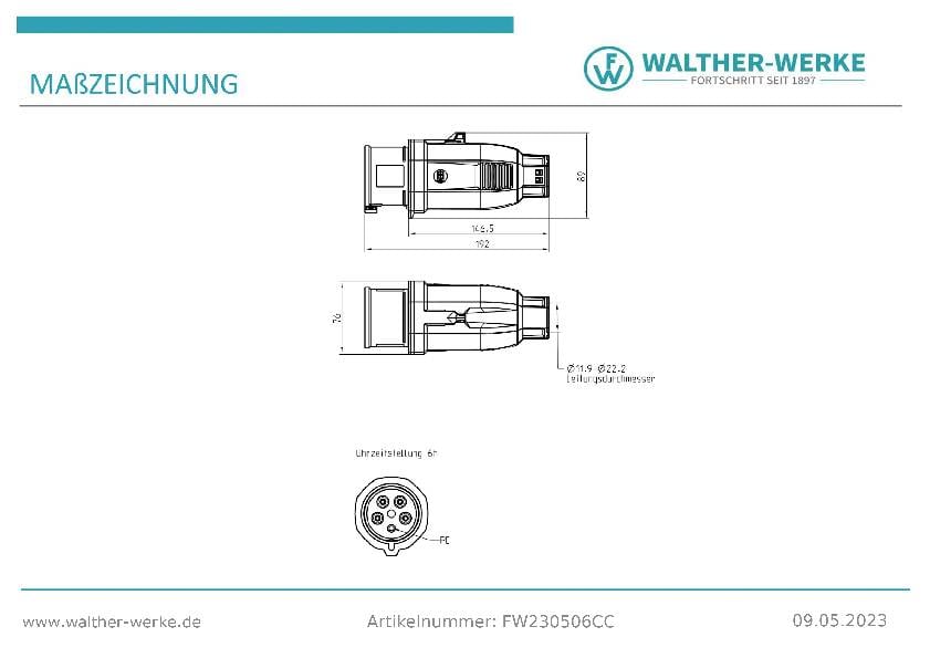 Роз'єм Walther Werke FW230506CC CEE чоловічий 32 A 200 В, 415 В