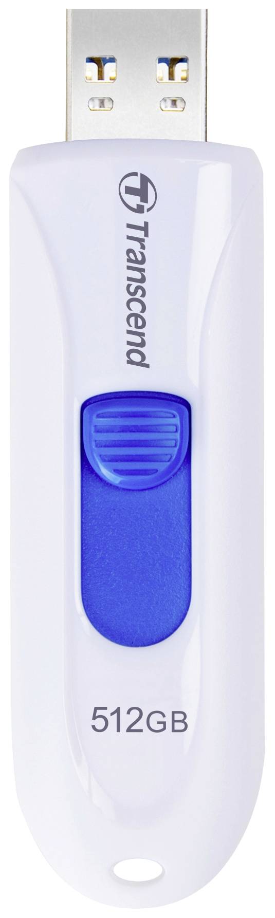 Pendrive z białą obudową i niebieskim suwakiem. Na powierzchni wydrukowana jest nazwa marki 'Transcend' oraz pojemność '512GB'.