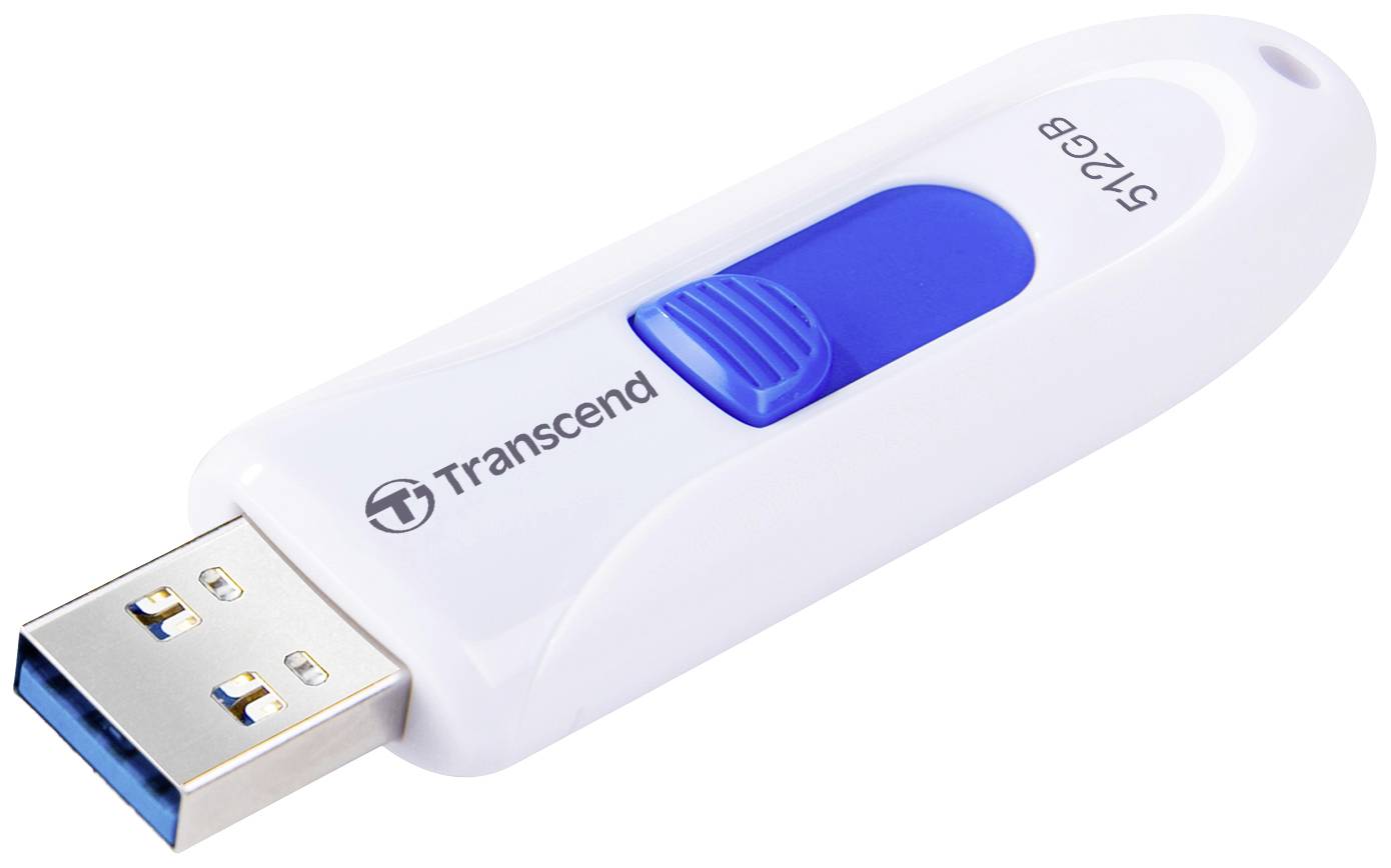 Biały pendrive z niebieskimi akcentami z napisem 'Transcend 512GB'. Posiada złącze USB 3.0.