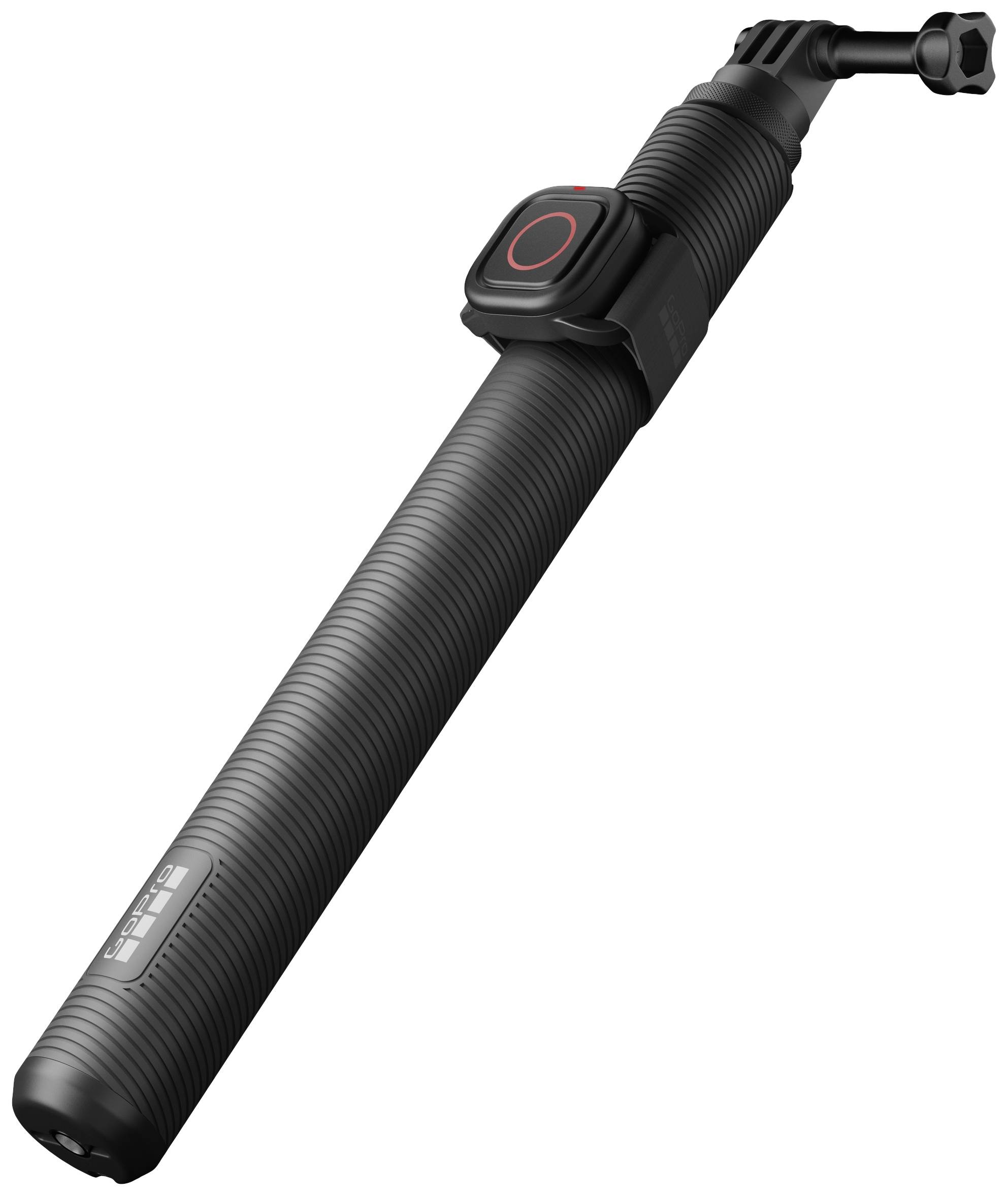 Czarny selfie stick z ergonomicznym uchwytem i zintegrowanym przyciskiem spustu na górze. Idealny do fotografii mobilnej.