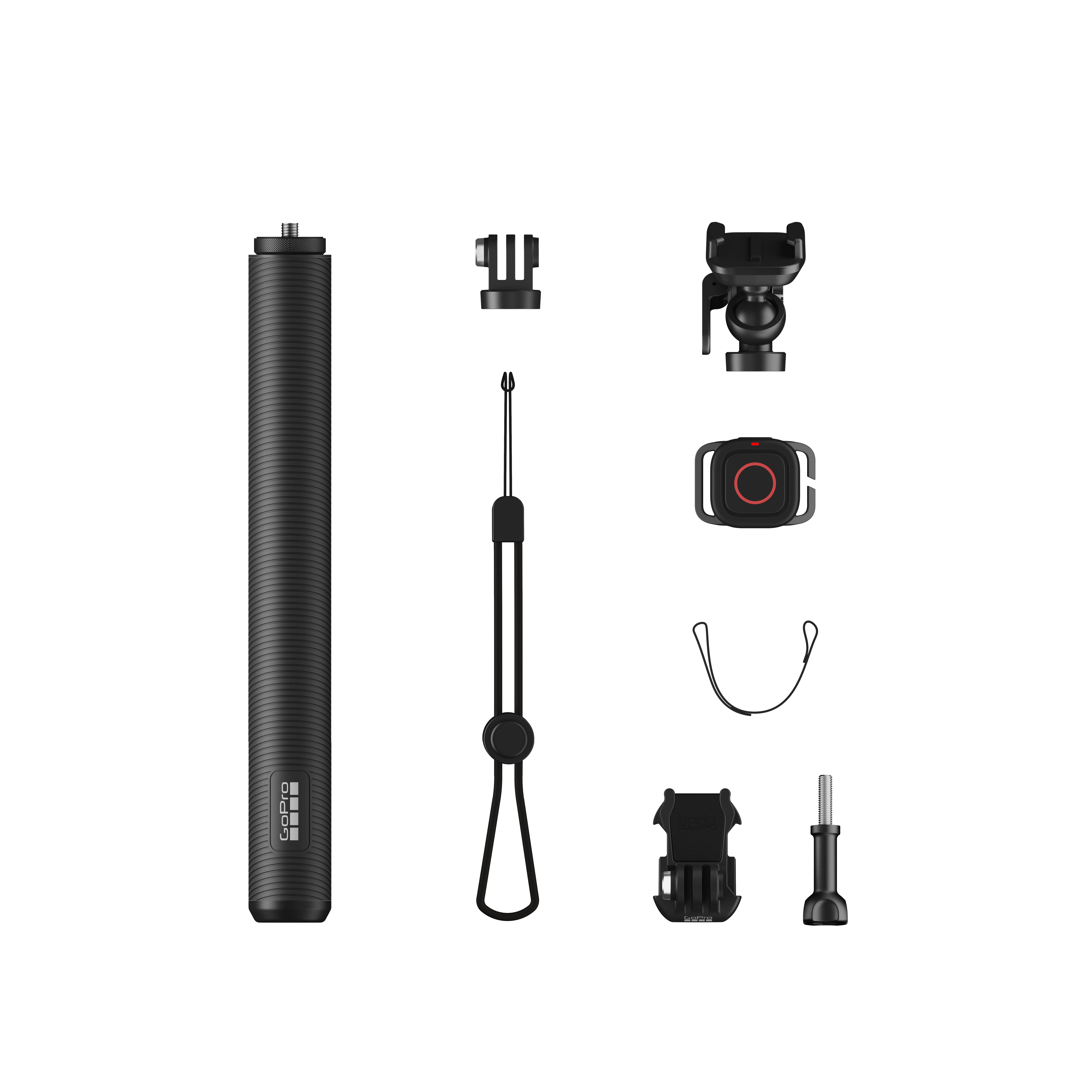Zestaw GoPro MAX Grip + Statyw, składający się z uchwytu, statywu, elementów łączących i pilota, przeznaczony do wykonywania wszechstronnych ujęć kamerą.