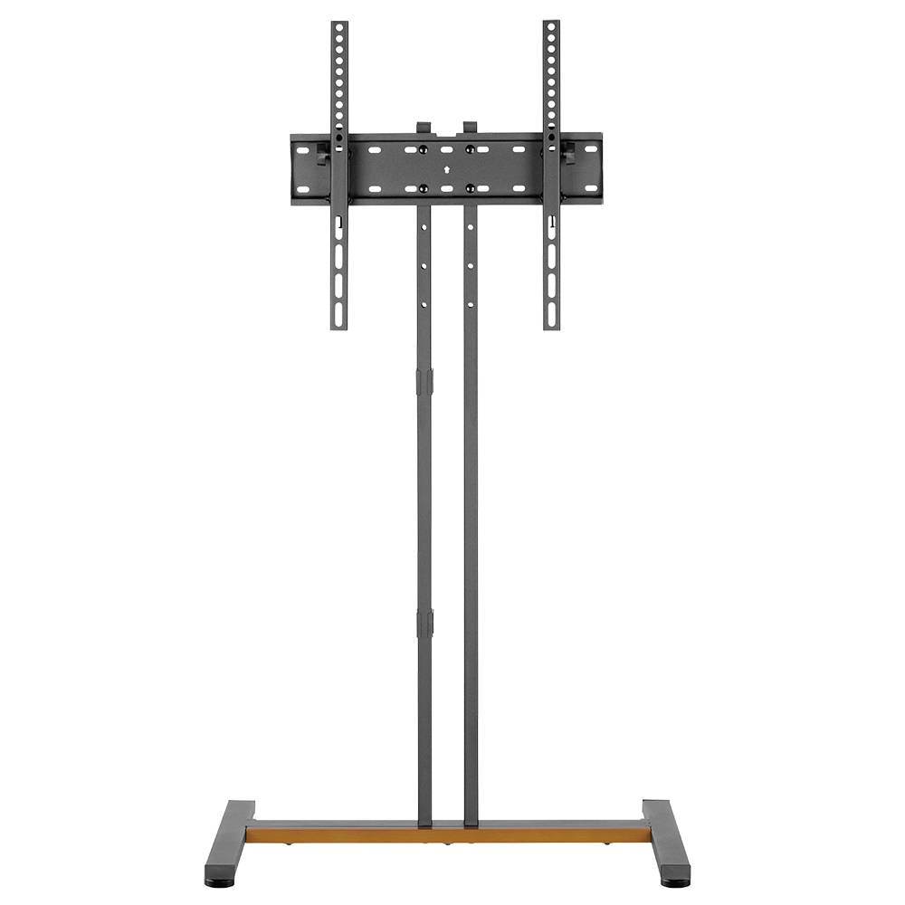 Czarny stojak na telewizor z regulowanym mocowaniem na stabilnej, prostokątnej podstawie. Idealny dla telewizorów płaskich.