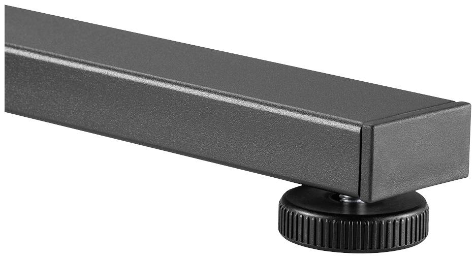 Czarna, prostokątna metalowa noga zakończona okrągłą, żebrowaną stopką obrotową, przeznaczona do mebli lub stolików.