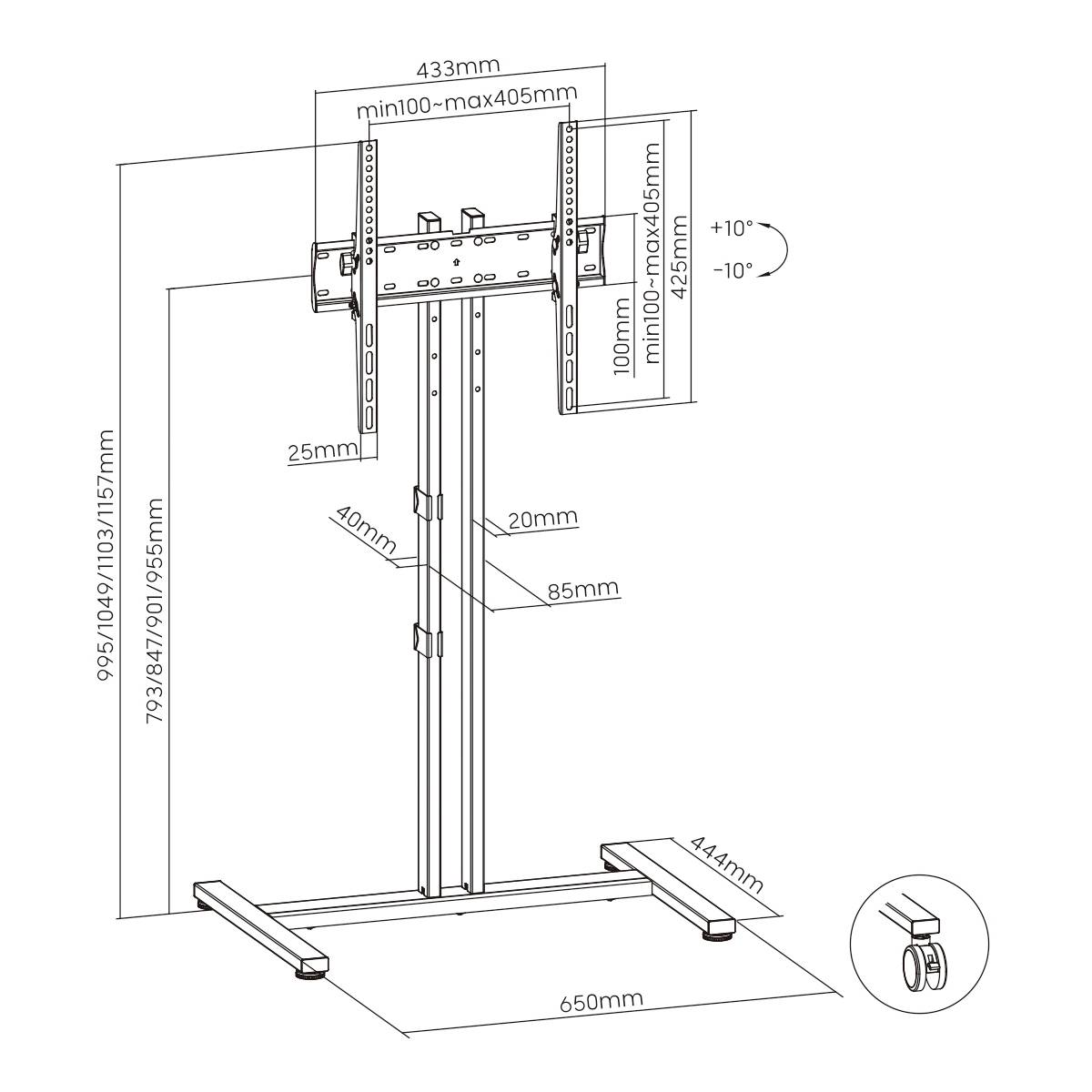 Ilustracja uchwytu do telewizora z regulacją wysokości. Wymiary: szerokość 433 mm, wysokość 995-1415 mm. Możliwość pochylenia o ±10 stopni.