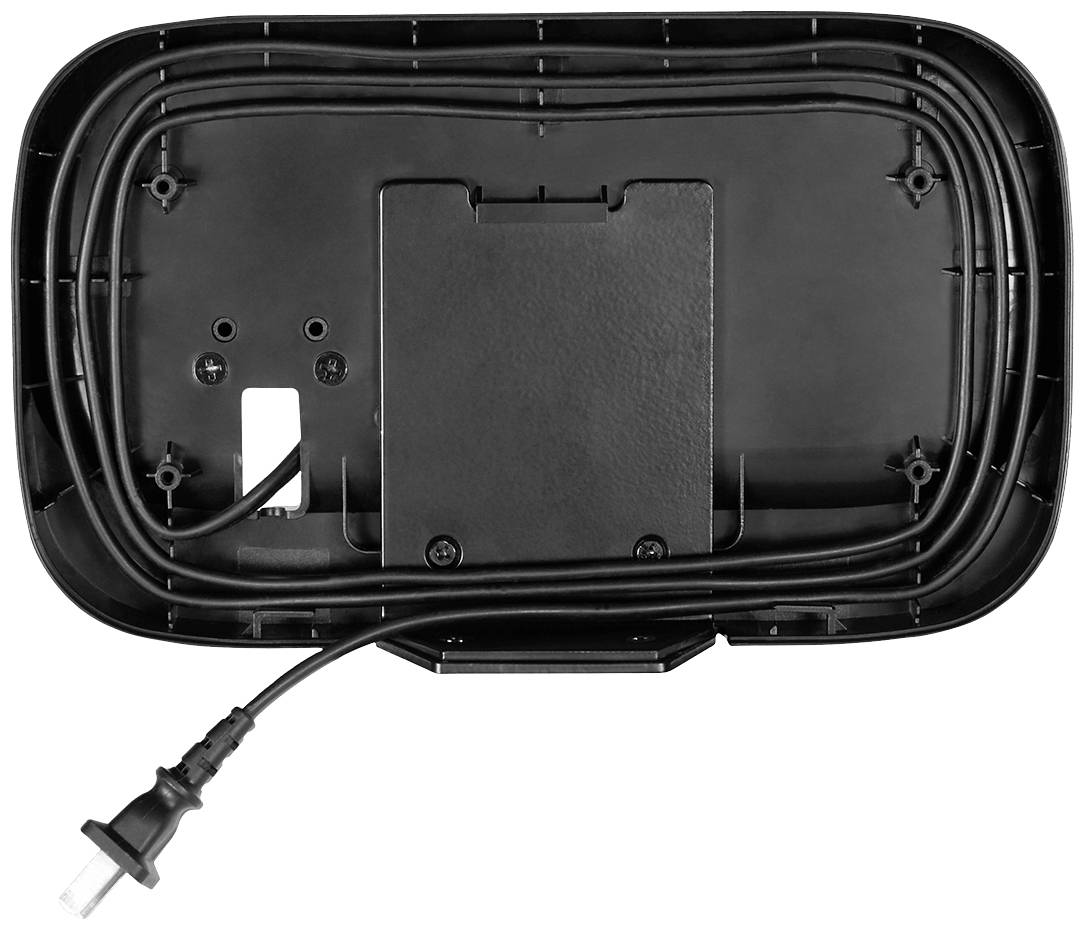 Czarne urządzenie elektryczne widziane od tyłu, z nawitym przewodem i wtyczką. Widoczne są opcje montażowe.