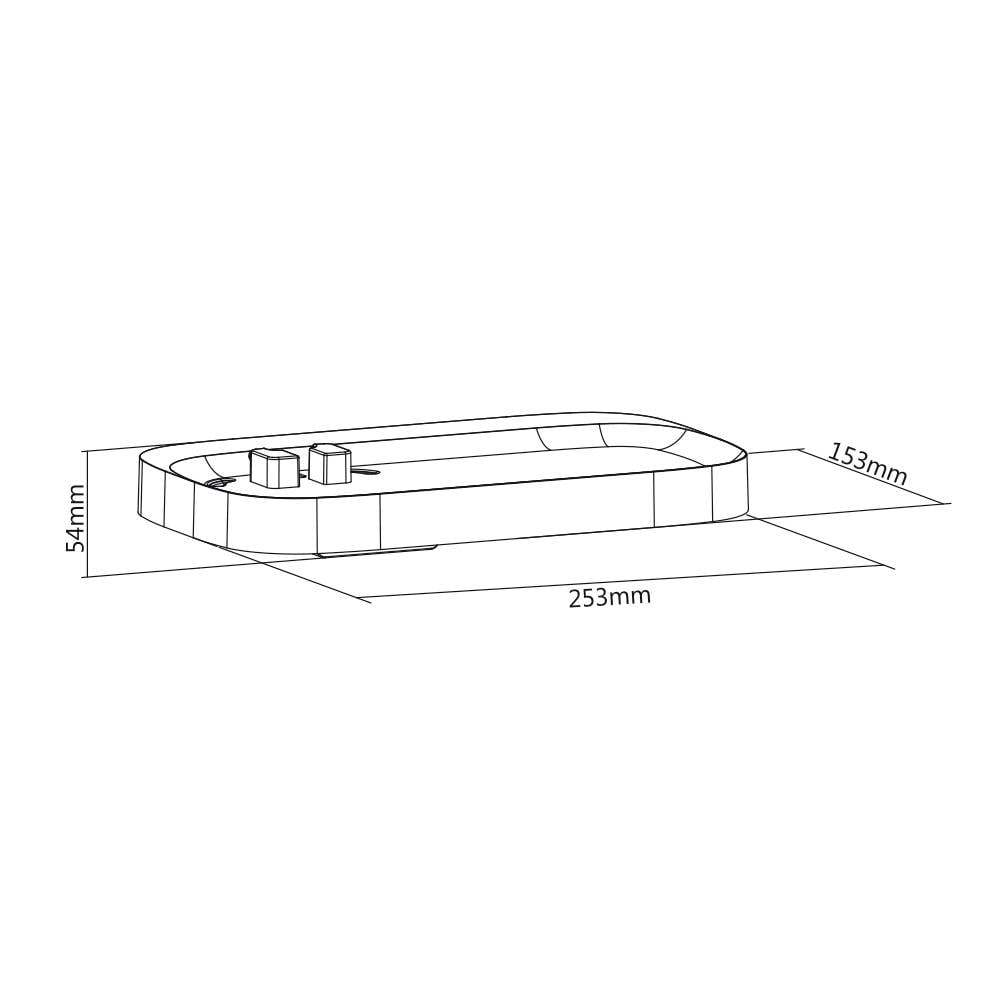 Rysunek techniczny prostokątnej tacy o wymiarach: 253 mm długości, 153 mm szerokości, 54 mm wysokości. Zawiera dwie prostokątne wypustki.