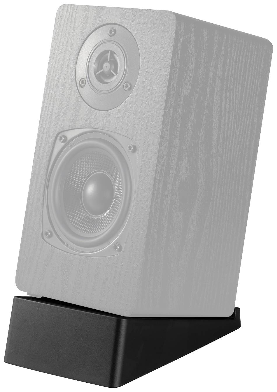 Drewniany głośnik z dwoma głośnikami z przodu, zamontowany na czarnym stojaku. Elegancki design do systemów muzycznych lub kina domowego.