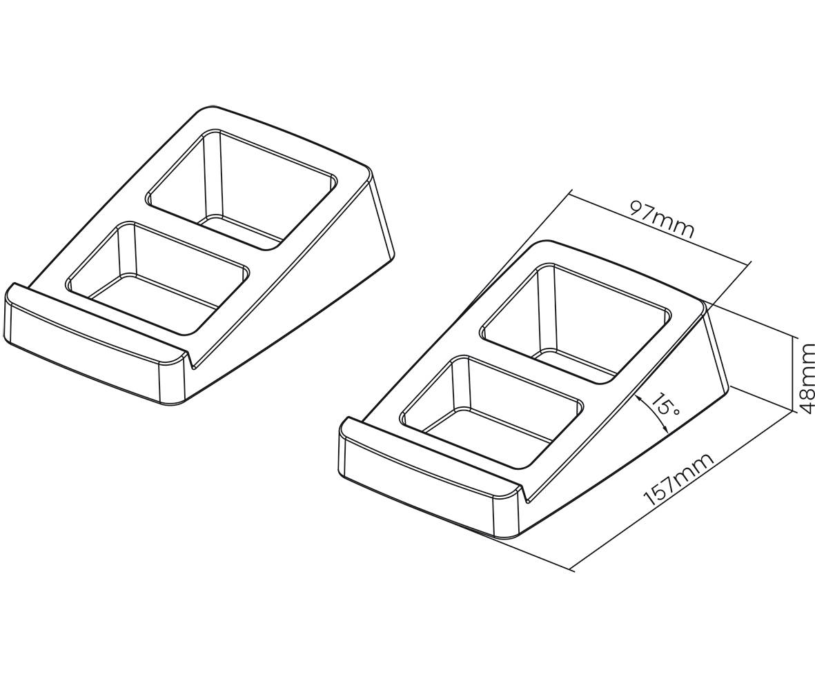 Rysunek techniczny dwóch pochylonych pojemników na paszę dla zwierząt z wymiarami: 97 mm szerokości, 157 mm głębokości, 48 mm wysokości, kąt nachylenia 15°.
