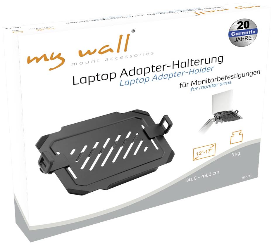 Uchwyt do laptopa 'my wall', odpowiedni dla laptopów o przekątnej 12"-17". Obsługuje obciążenie do 9 kg. Kompatybilny z ramionami monitora. 20 lat gwarancji.