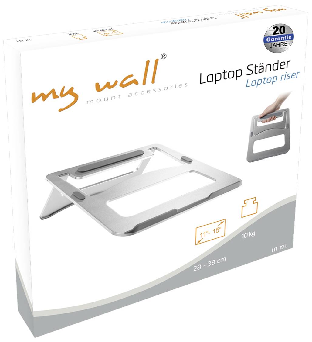 Opakowanie 'My Wall Laptop Stojak' prezentuje ilustrację regulowanego stojaka na laptopa. Tekst: Kompatybilny z laptopami 11"-15", nośność 10 kg, gwarancja 20 lat.