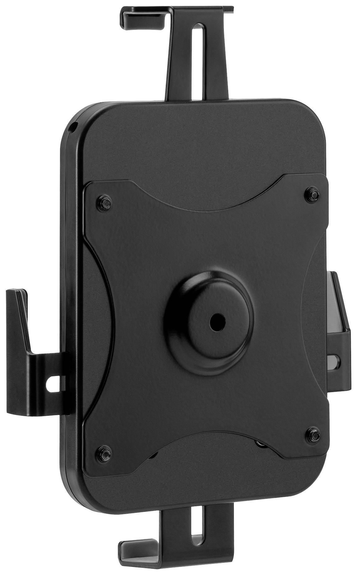 Czarny uchwyt do tabletu wykonany z metalu z regulowanymi zaciskami, odpowiedni do zamocowania na ścianie lub elemencie mebli.