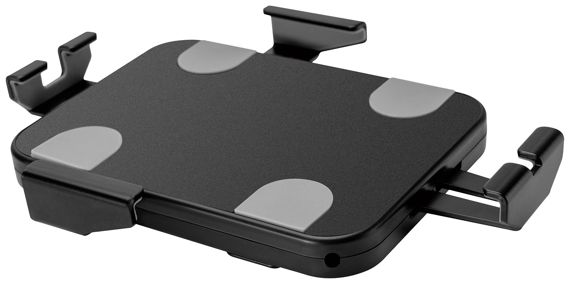 Czarna, prostokątna podstawa z regulowanymi zaciskami w narożnikach, odpowiednia do mocowania urządzeń.