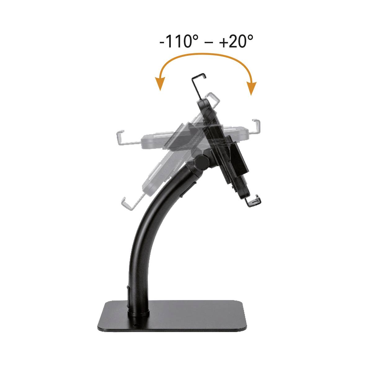 Stojak z regulowanym kątem nachylenia od -110° do +20°, odpowiedni dla tabletów. Umożliwia stopniowe dostosowanie pozycji.