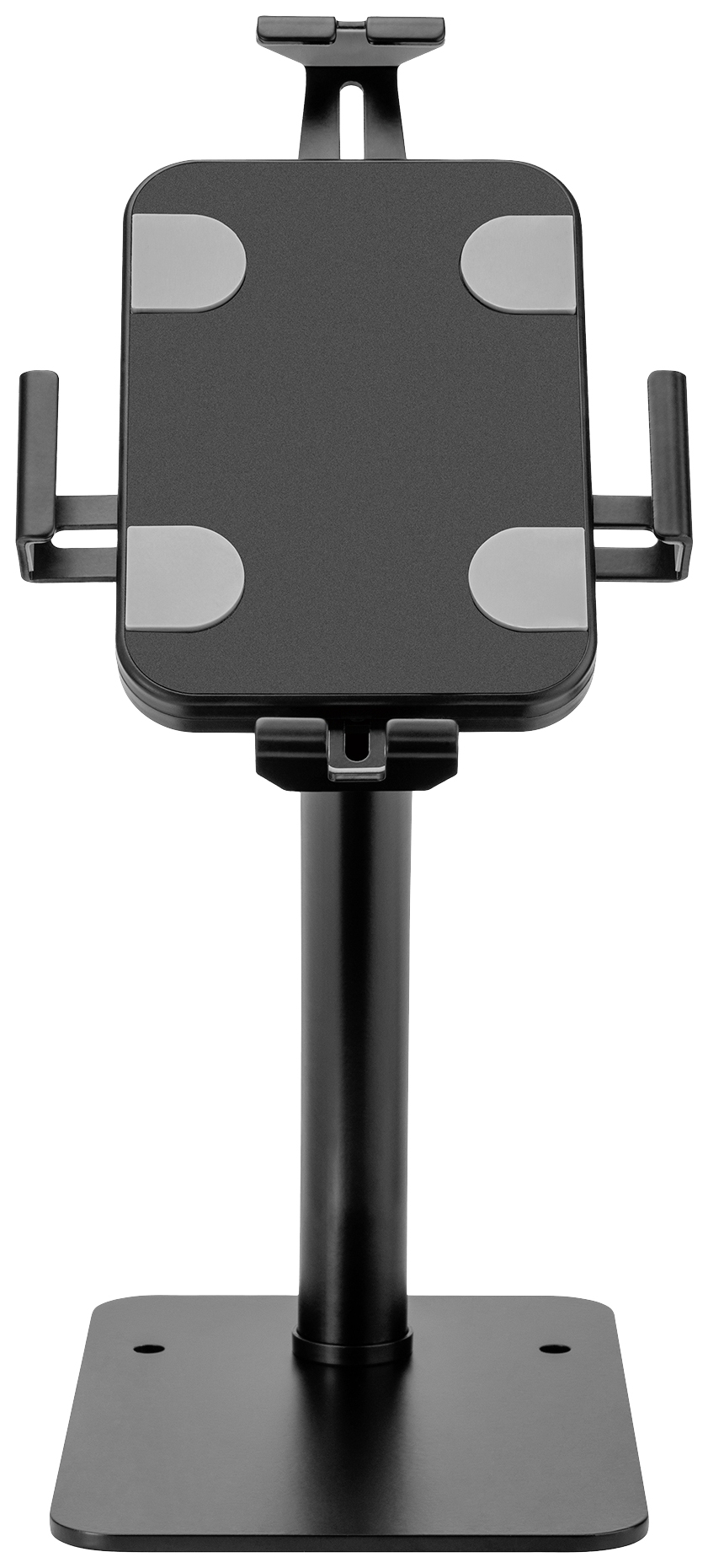 Czarny stojak na tablet z regulacją wysokości i uchwytami, odpowiedni do umieszczania tabletów lub iPadów na stole.