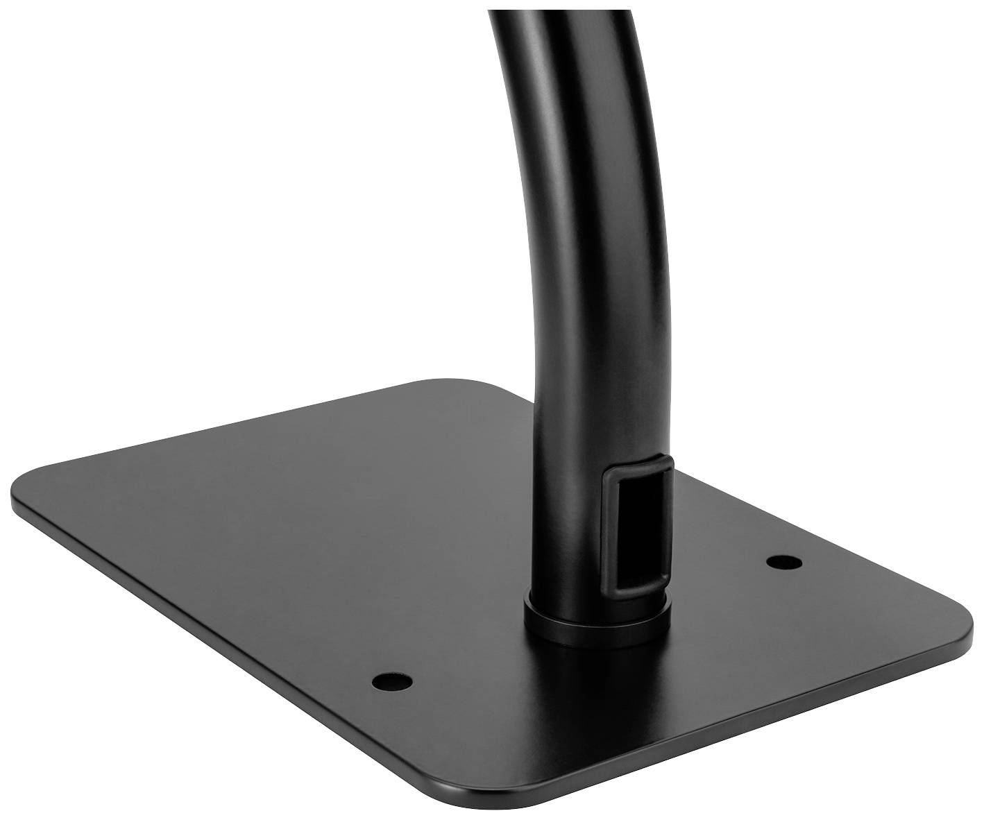 Czarna metalowa płyta bazowa z zakrzywionym ku górze przewodem, przeznaczona do montażu lub podtrzymywania obiektów.