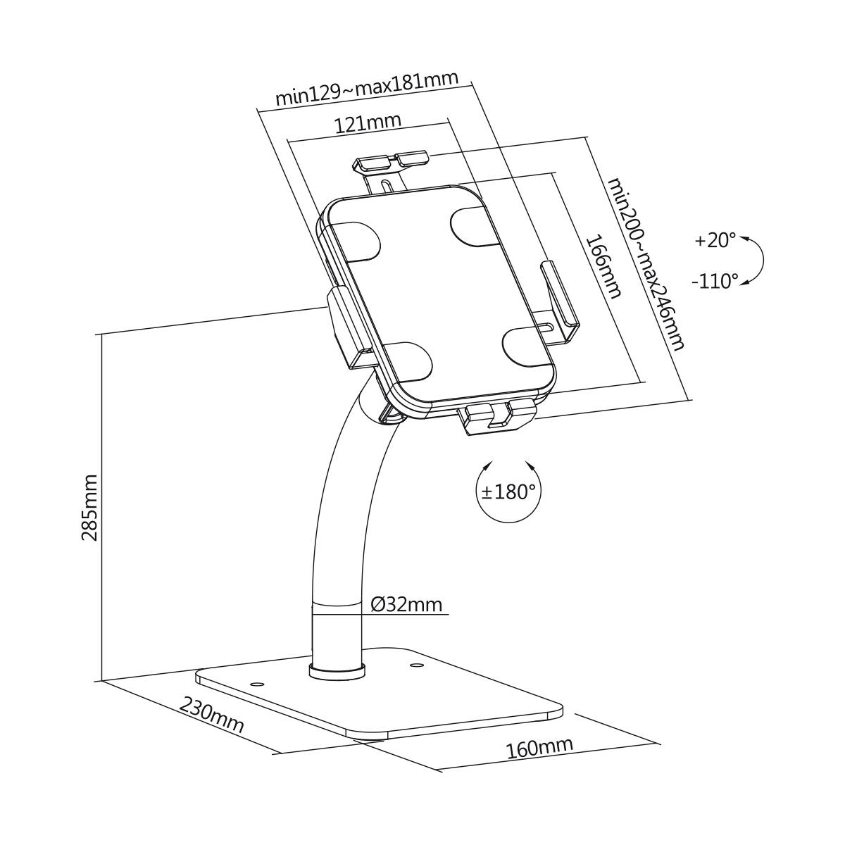 Ilustracja regulowanego stojaka na tablet z wymiarami: wysokość 285 mm, szerokość 230 mm, kompatybilny z tabletami o rozmiarach od 129 mm do 246 mm.