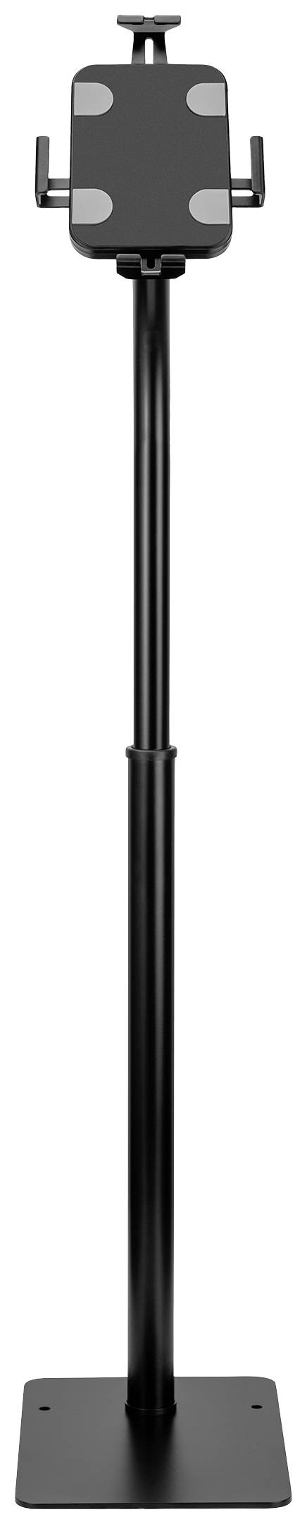 Czarny, regulowany wysokościowo statyw z uchwytem na smartfona u góry. Odpowiedni do bezobsługowego korzystania ze smartfonów.