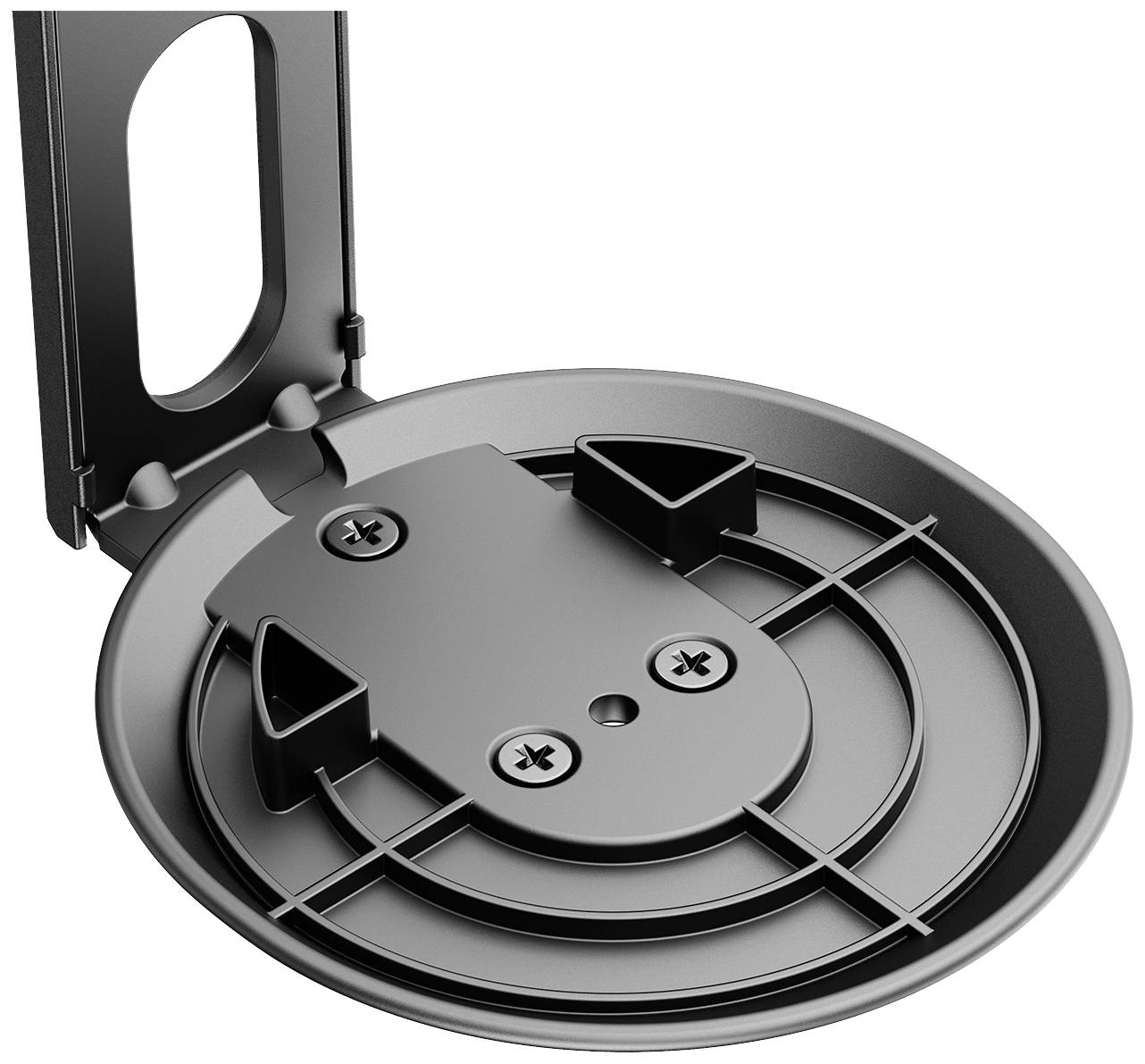 Okrągła, czarna opaska z tworzywa sztucznego z otworami na śruby, przeznaczona do montażu na powierzchni pionowej.