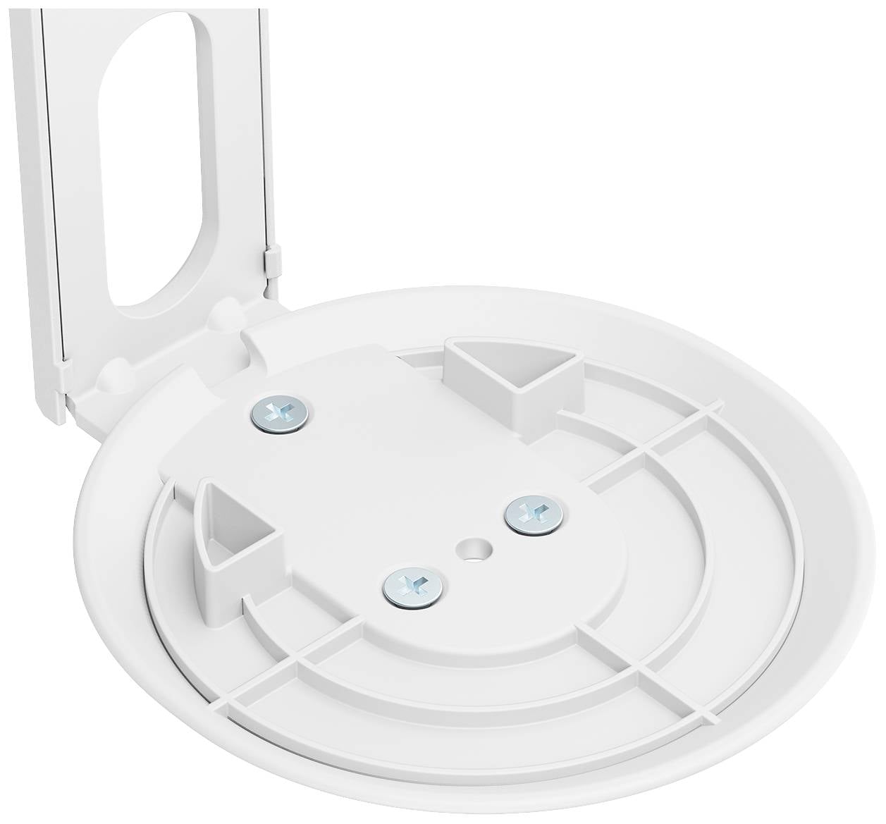 Biały, okrągły uchwyt z widocznymi dwoma śrubami. Służy do mocowania na ścianie lub innej powierzchni.