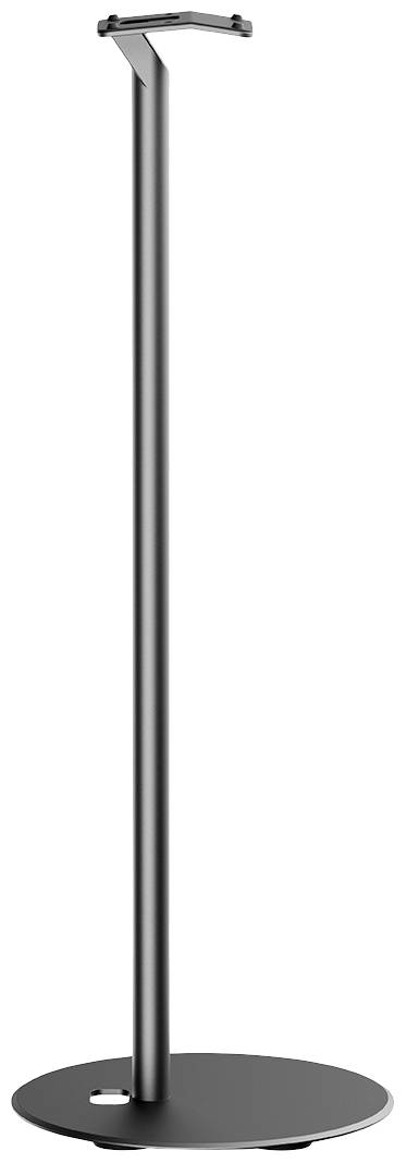 Czarny stojak na słuchawki z okrągłą podstawą i smukłym, pionowym ramieniem. Idealny do bezpiecznego przechowywania słuchawek.