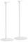 Dwa białe stojaki głośnikowe z metalu z okrągłymi podstawami i smukłymi kolumnami, idealne do salonu lub biura.