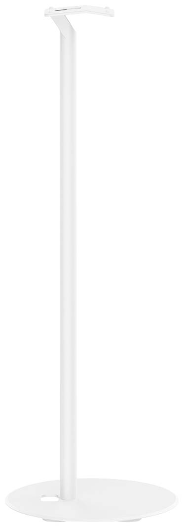 Biały stojak o wąskiej, wysokiej konstrukcji i okrągłej podstawie, odpowiedni do zawieszania lub prezentacji obiektów.