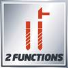 Obraz z dwoma czerwonymi symbolami: po lewej stronie dłuto, po prawej stronie młotek z kreską obok. Poniżej czarnym tekstem napis '2 FUNCTIONS'.