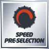 Symbol z czarnym i czerwonym kołem zębatym nad tekstem 'Speed Pre-Selection' wskazuje na wstępny wybór prędkości.