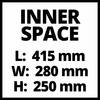 'INNER SPACE' o wymiarach: długość 415 mm, szerokość 280 mm, wysokość 250 mm, czarny tekst na białym tle.