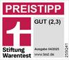 'Preistipp', logo Stiftung Warentest z oceną 'Dobry (2,3)', wydanie 04/2025, strona internetowa test.de.
