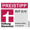 'Preistipp', logo Stiftung Warentest z oceną 'Dobry (2,3)', wydanie 04/2025, strona internetowa test.de.