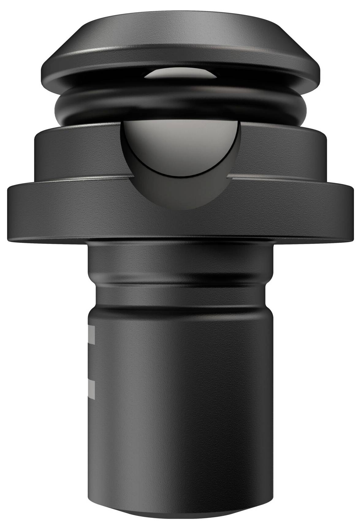 Czarny metalowy łącznik z żebrowaną, okrągłą główką pośrodku, element techniczny, prawdopodobnie adapter lub zawór.