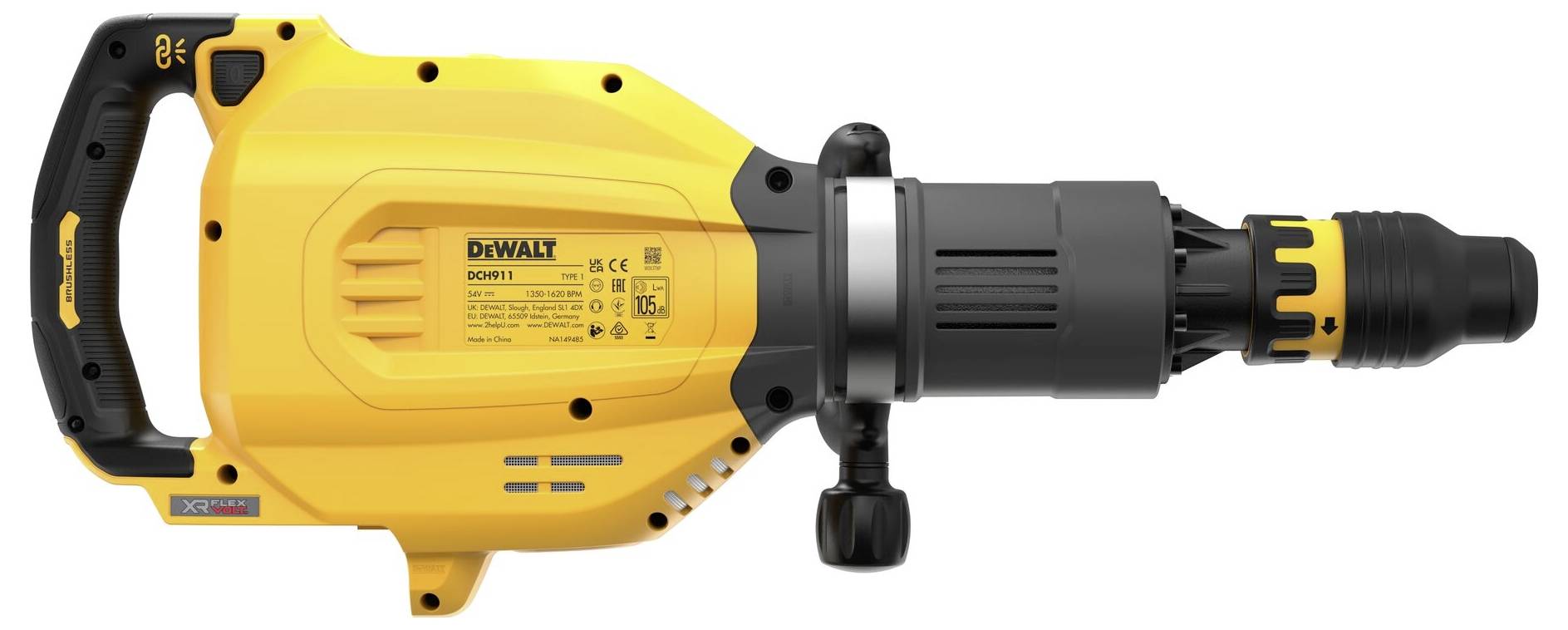 Żółty młot udarowy marki DeWalt, model D25911, z czarną rękojeścią i metalowym wiertłem. Nadaje się do ciężkich prac rozbiórkowych.