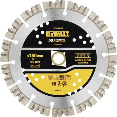 Okrągła piła tarczowa marki DeWalt z segmentowanymi zębami. Średnica 180 mm, maksymalna prędkość obrotowa 8.700 obr./min, w kolorach czarno-żółtych.
