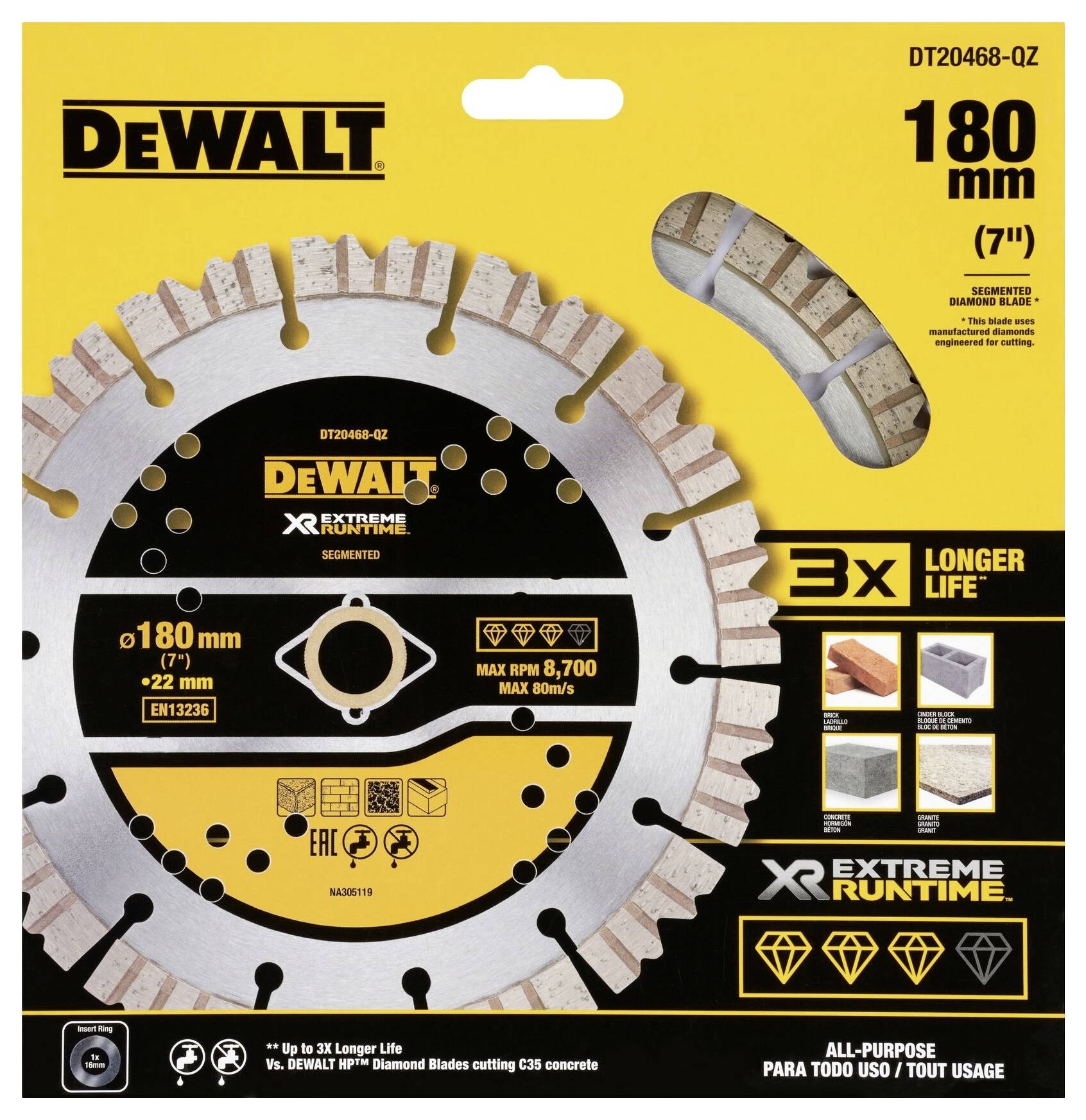 'Tarcza diamentowa segmentowa DEWALT 180 mm; dłuższa żywotność i wysoka wydajność; odpowiednia do materiałów betonowych i kamiennych.'