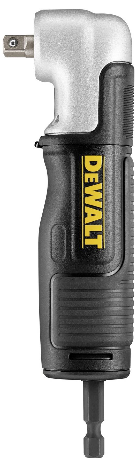 Adapter kątowy do wiercenia firmy DeWalt, w kolorze czarnym z żółtym logo, umożliwia wykonywanie trudno dostępnych otworów.