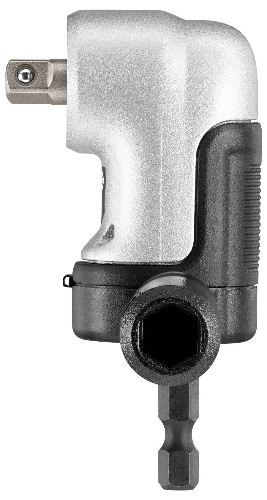 Adapter kątowy do wiertarek o powierzchni srebrno-szarej i czarnym uchwycie, umożliwiający pracę w trudno dostępnych miejscach.