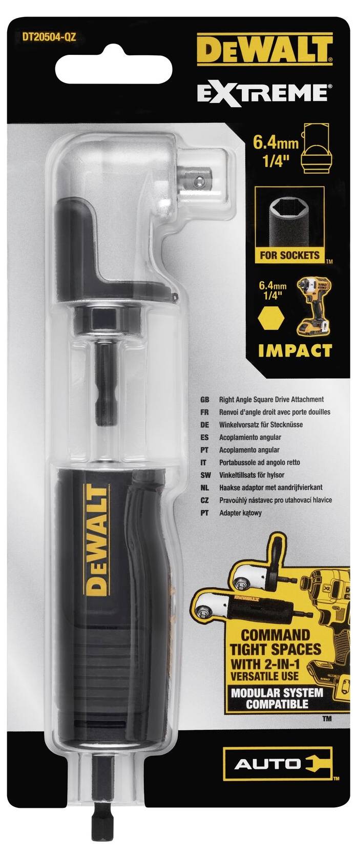System kluczy nasadowych DEWALT Extreme 6,4 mm (1/4 cala), przeznaczony do pracy w ciasnych przestrzeniach. Zawiera różne końcówki, kompatybilny z systemami modułowymi.