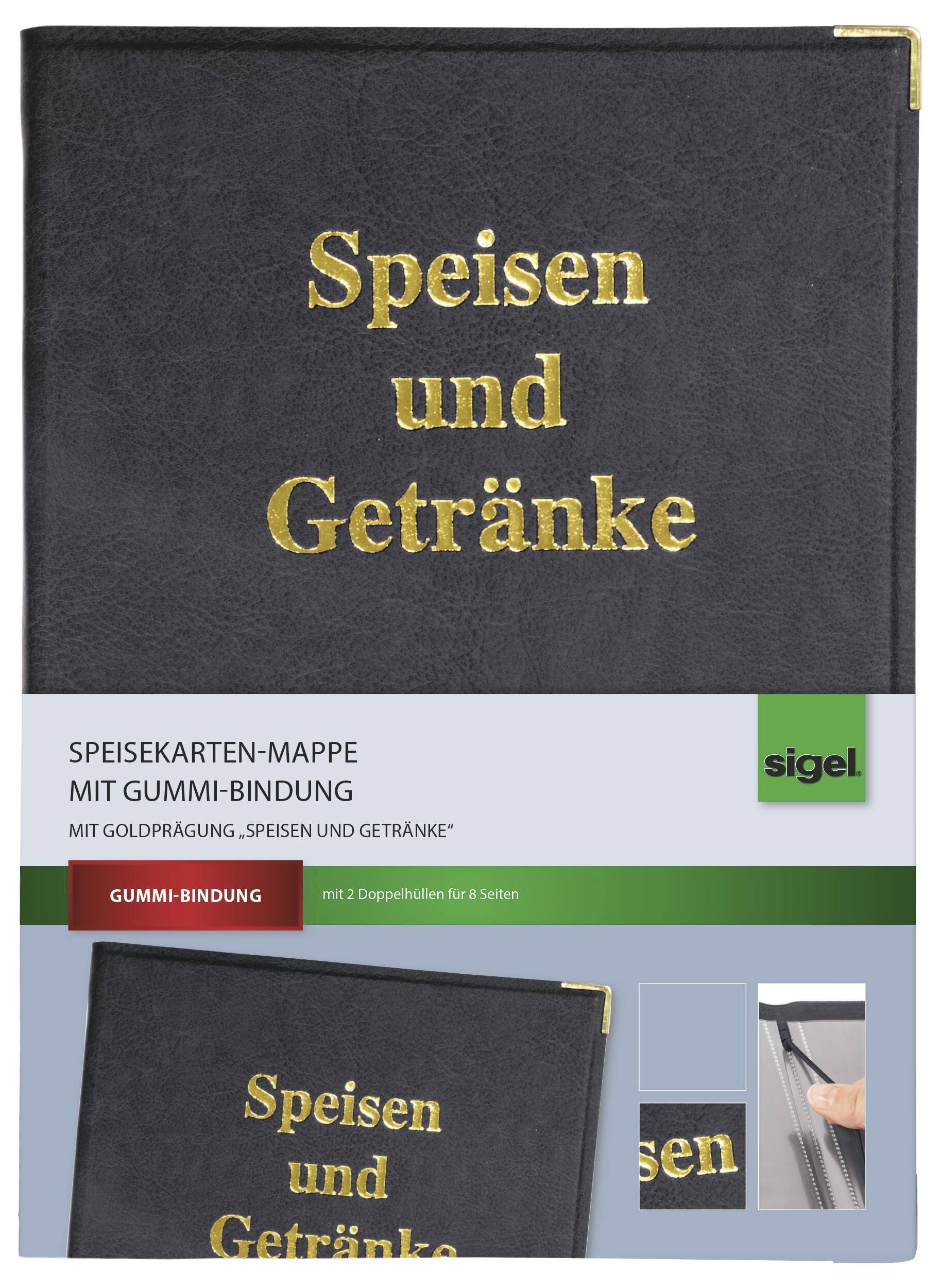 Pakiet produktu do folderu menu "Potrawy i Napoje" ze złotymi literami, pokazujący czarny segregator i branding Sigel; tekst zawiera adnotacje "Mapa kart menu z elastycznym wiązaniem".