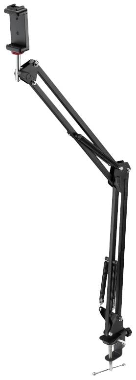 Czarny uchwyt mikrofonowy z regulowanym przegubem i zaciskiem do mocowania na krawędziach stołu. Odpowiedni dla mikrofonów studyjnych.