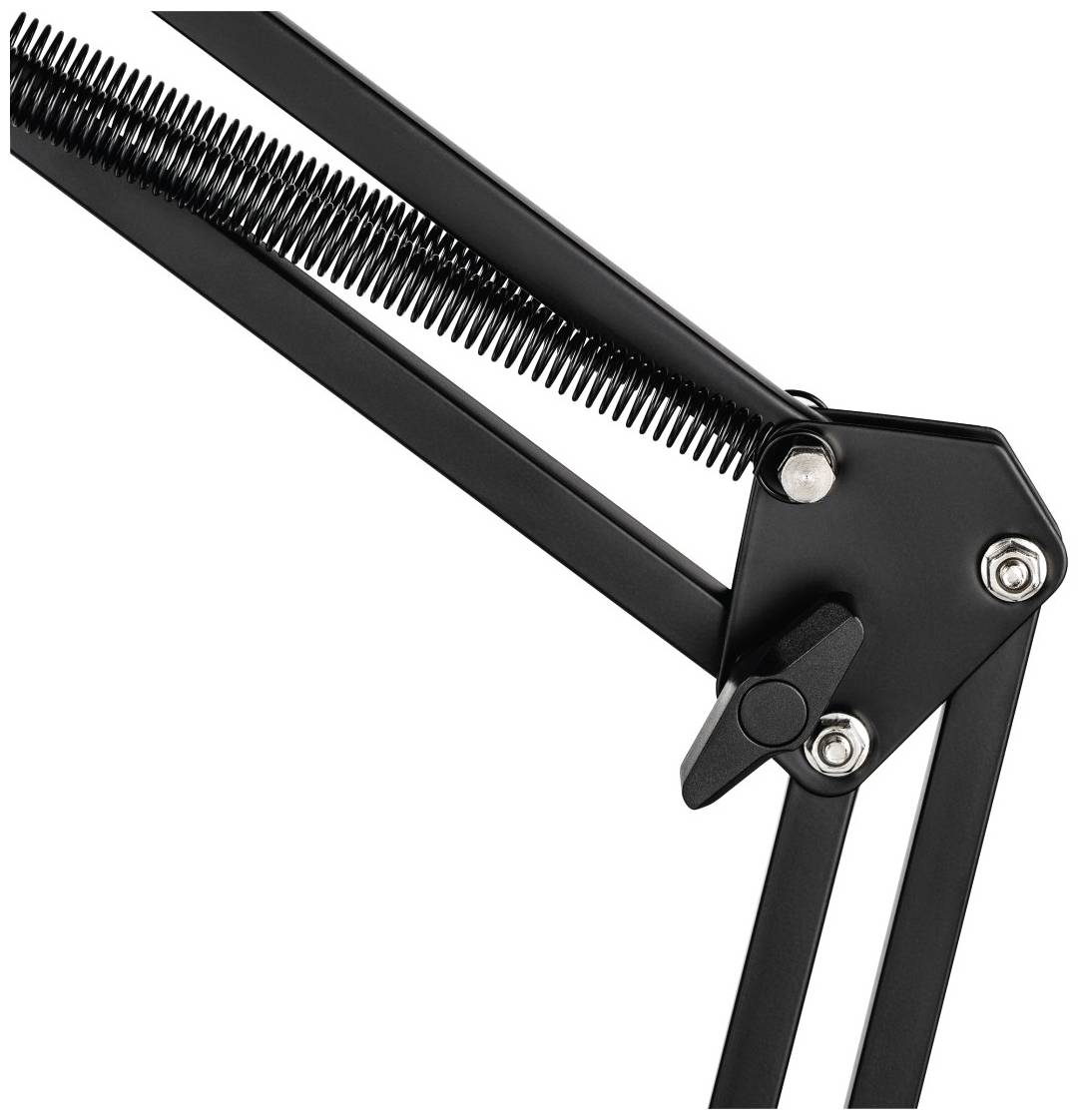 Zbliżenie czarnego ramienia przegubowego z piórami i śrubami, prawdopodobnie będącego częścią lampy lub statywu mikrofonowego.