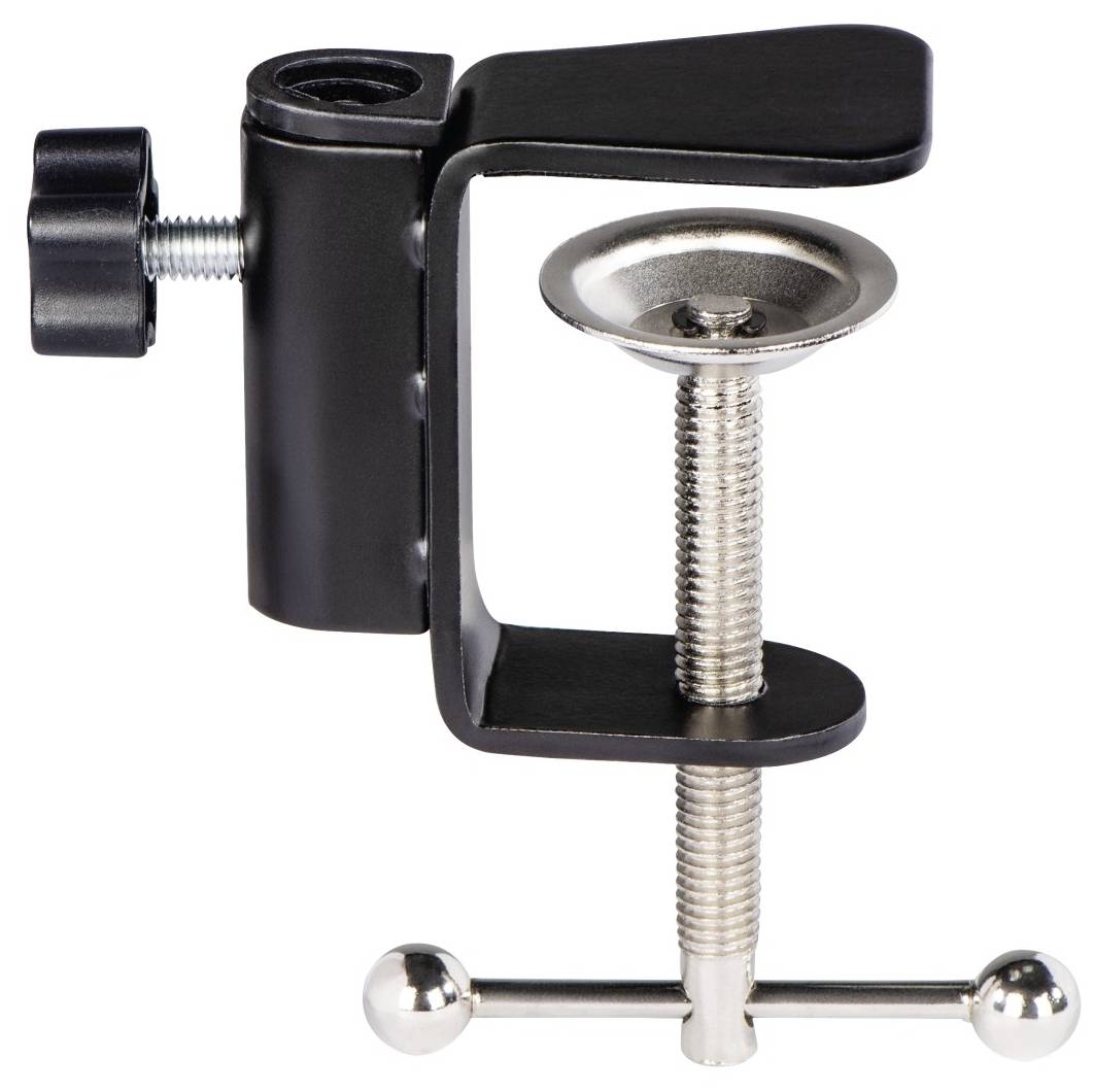 Czarna klamra stołowa z srebrną śrubą, odpowiednia do mocowania lamp lub mikrofonów na krawędziach stołu.