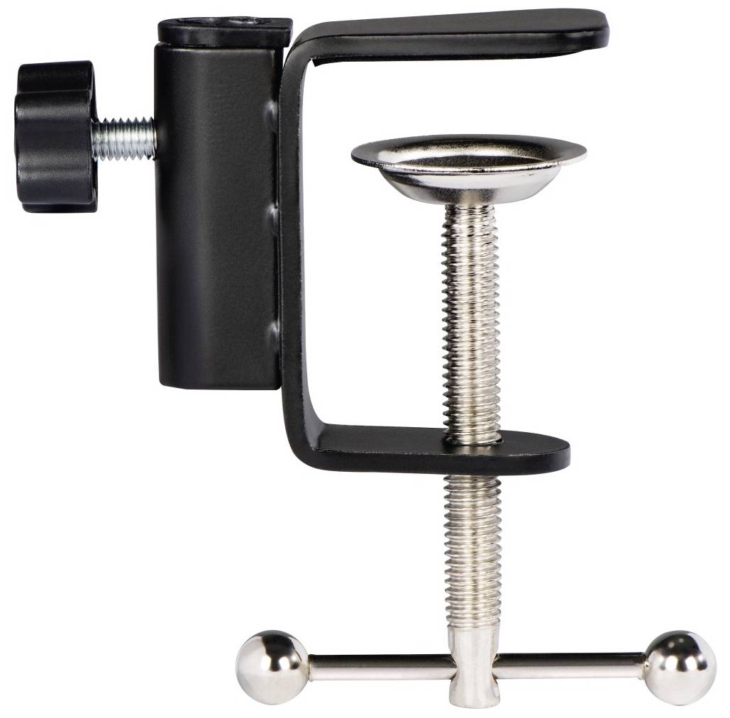 Czarna zaciska biurkowa z mechanizmem śrubowym i regulowanym uchwytem, odpowiednia do mocowania urządzeń na krawędzi stołu.