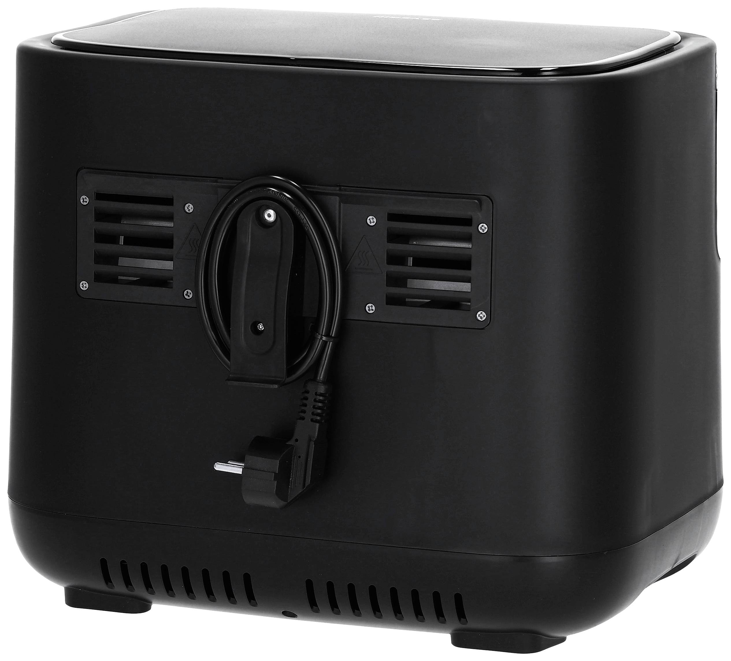 Czarny sprzęt AGD z przewodem sieciowym z tyłu, prawdopodobnie toster.