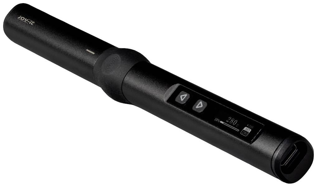 Czarny, cylindryczny, bezprzewodowy prostownik do włosów z wyświetlaczem cyfrowym, regulacją temperatury i złączem USB do ładowania.