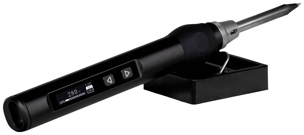 Czarny lutownik z cyfrowym wyświetlaczem pokazuje '280°C'. Spoczywa na czarnym stojaku.