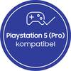 Niebieski okrąg z białym symbolem kontrolera do gier i tekstem 'Kompatybilne z PlayStation 5 (Pro)'.