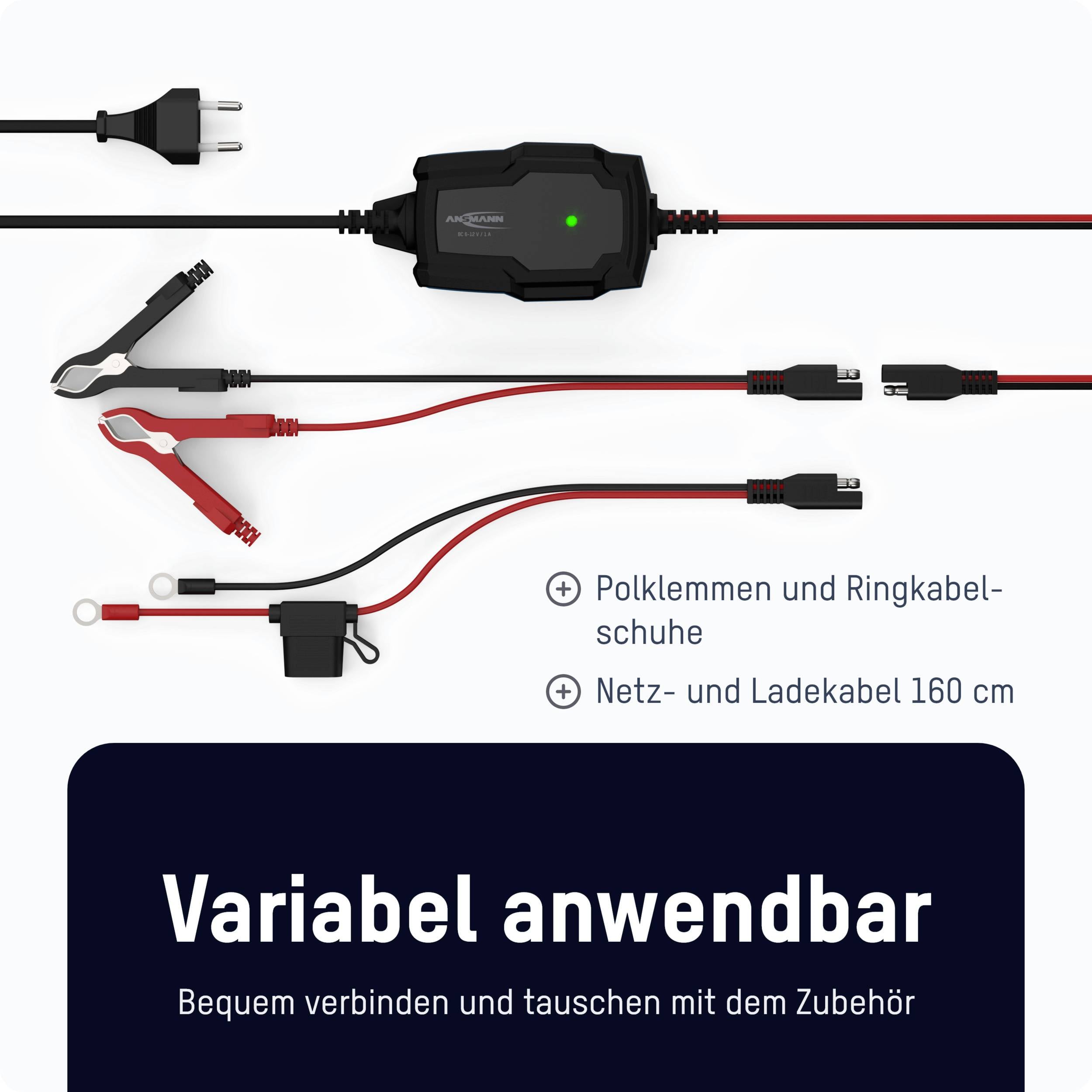 Przewody sieciowe i ładujące z zaciskami, długości 160 cm, o zmiennym zastosowaniu. Wygodne połączenie i wymiana z akcesoriami.
