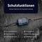 'Funkcje ochronne: Bezpieczniejsze użycie, dłuższa wydajność' na czarnym tle. Funkcje: ochrona przed zwarciem, ładowaniem, rozpryskami wody, przepięciami.